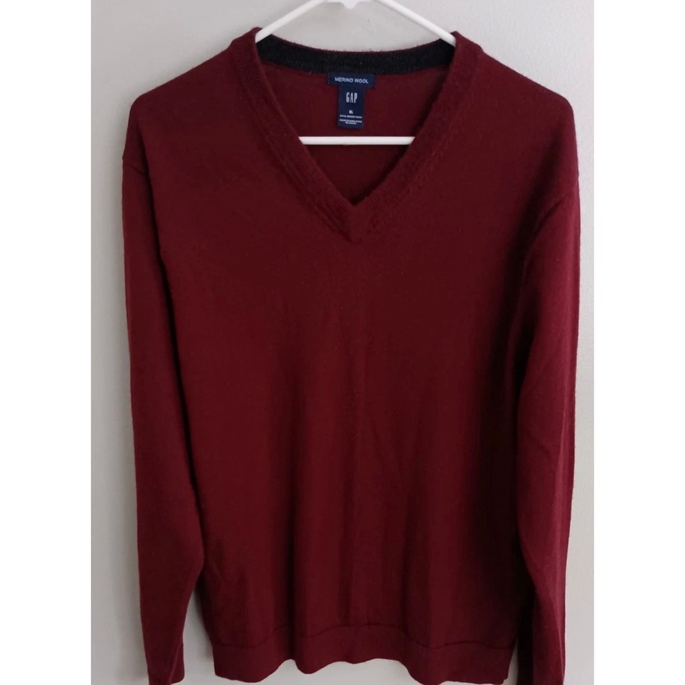Gap Mens Burgundy 100% Italian Merino Wool V-Neck Sweater XL 768722-03